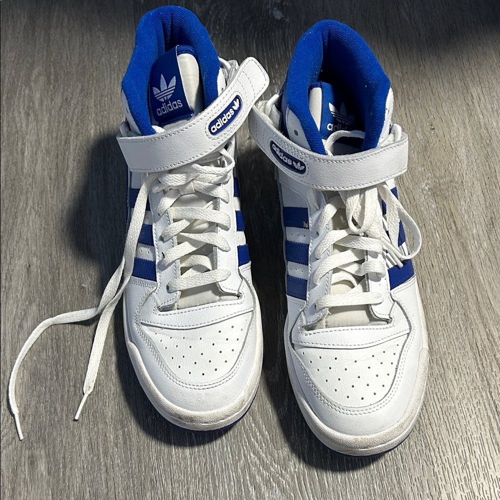 Adidas Forum Mid casual sneakers white and blue with strap